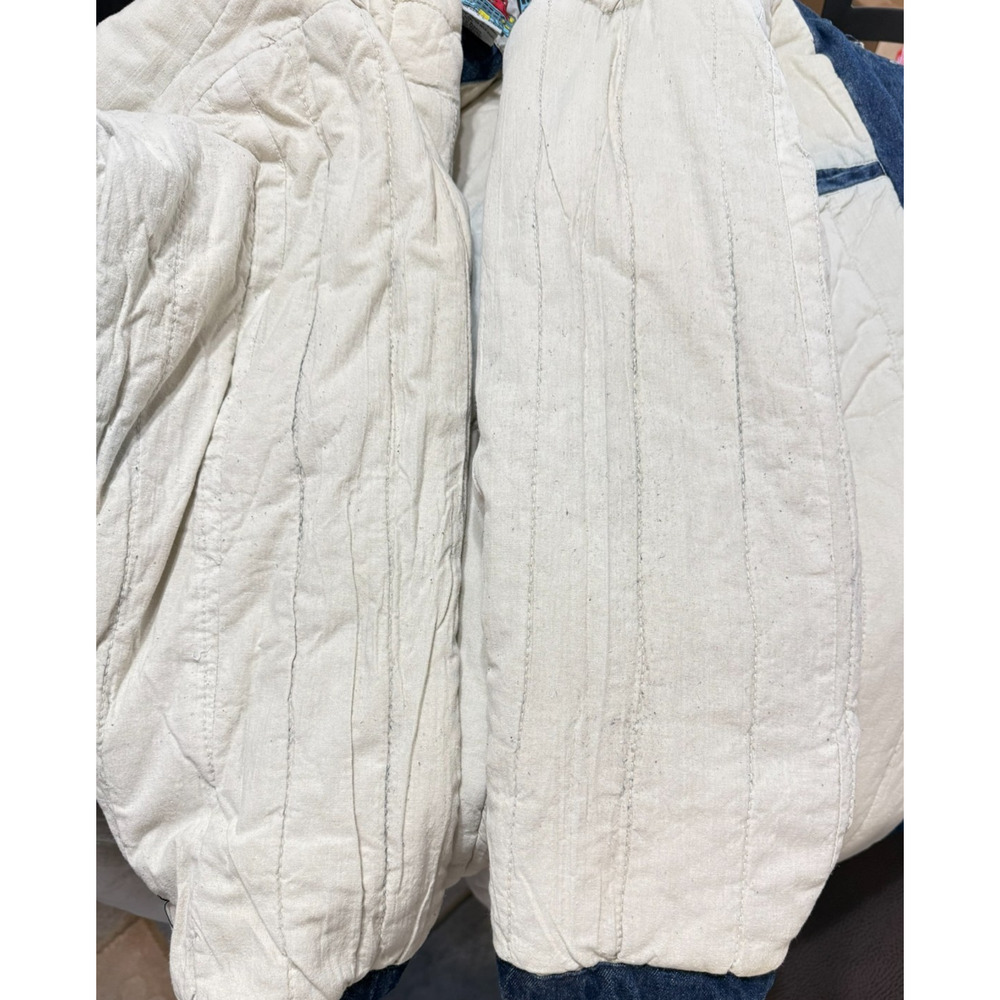 Vintage 70s 80s Quilted Lined Denim Long  Coat Leather Trim Sample Tag Rare - Picture 10 of 15